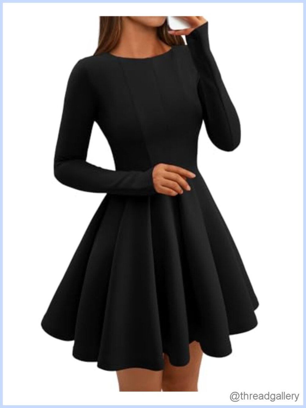 Long Sleeve A-Line Mini Dress High Waist Pleated Swing Casual